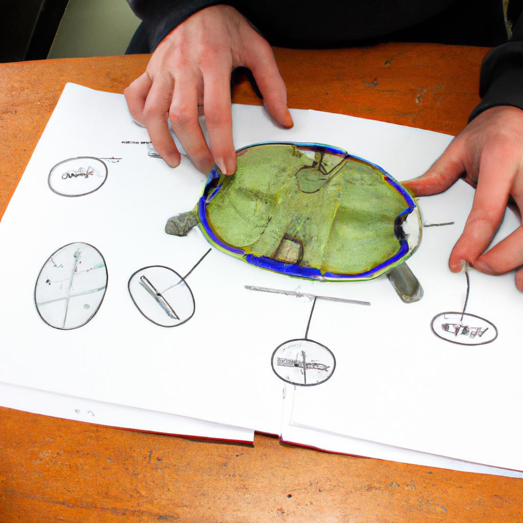 Person examining turtle anatomy diagram