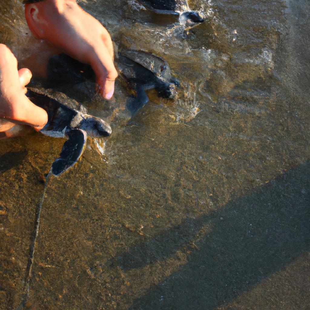 Person releasing baby turtles into water
